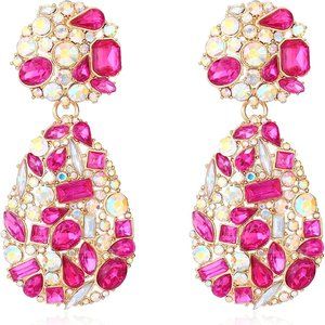 Crystals Teardrop Dangle Statement Earrings, Rhinestone Chandelier Fashion